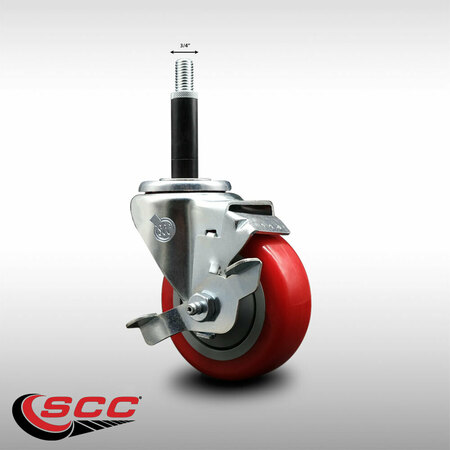 Service Caster 3.5'' SS Red Poly Swivel 3/4'' Expanding Stem Caster with Brake SCC-SSEX20S3514-PPUB-RED-TLB-34